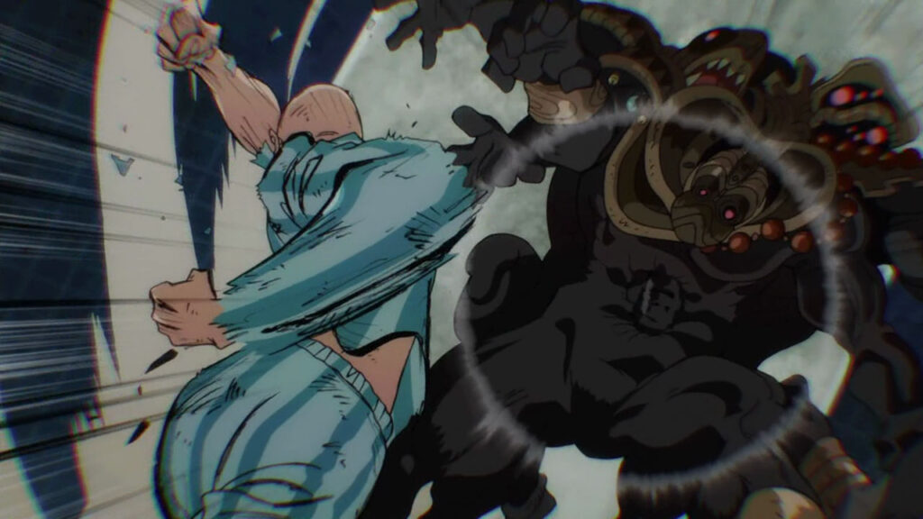 Screen capture from One Punch Man. Bald male protagonist, Saitama, wearing only his pyjamas as he battles a monstrous villain.