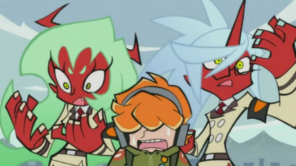 Two bright haired demons (Scanty and Kneesocks) in uniform, accompanying a young boy