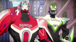 Two costumed heroes with full body armour, featuring sponsors' Bandai and SoftBank logos.