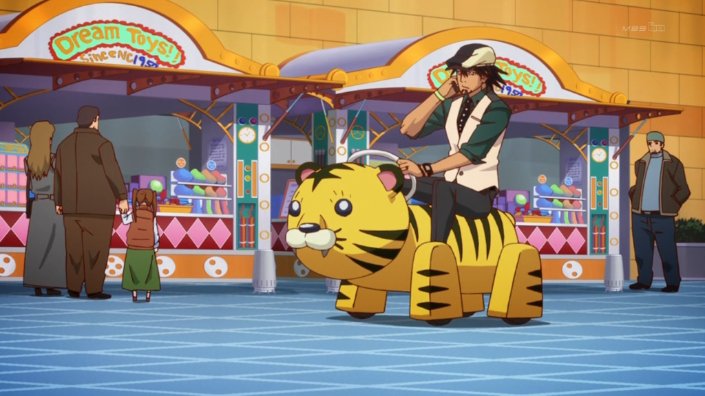 Middle aged man (Kotetsu) riding a mechanical tiger in an arcade