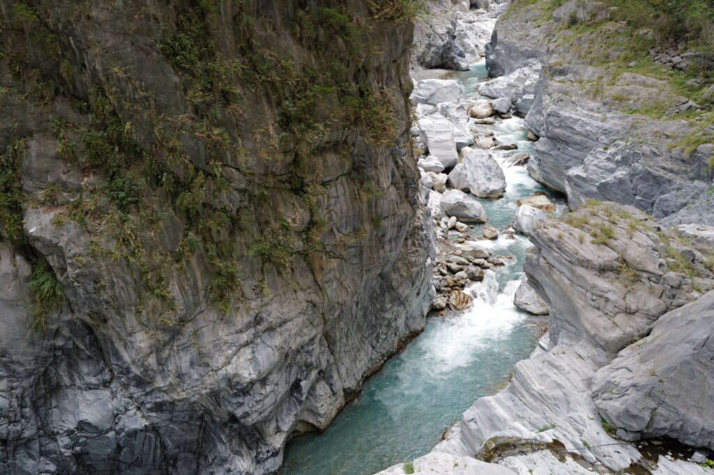 Taroko National Park in January 2024. Looking down into a river running through a gorge.