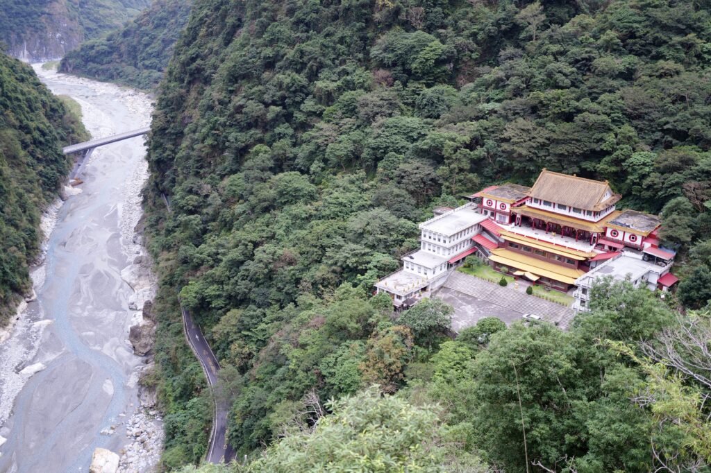 Looking down on a temple in Taroko National Park. The building I surrounded by trees.