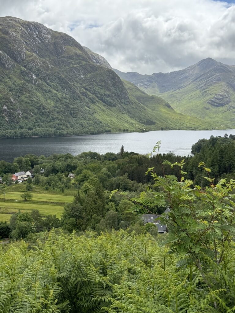 From above, looking towards a lake in a mountainous valley. Lush greenery fills the scene.