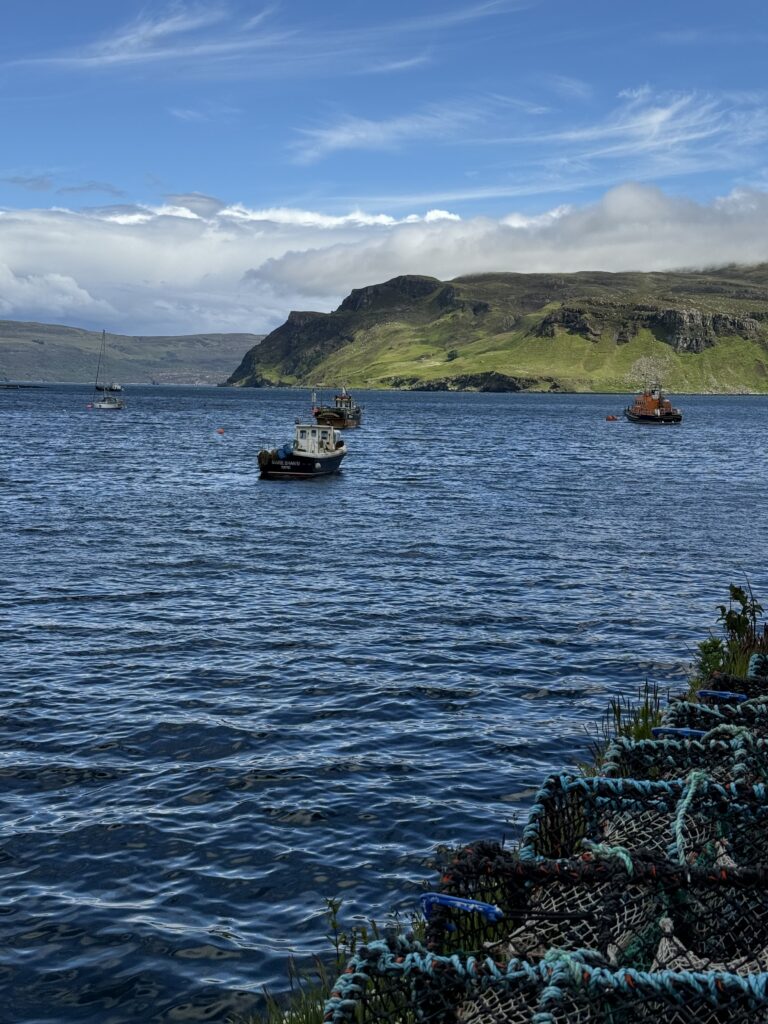 The port by Portree on the Isle of Skye (Scotland). A few small fishing vessels in the water, rocky hills in the distance, and crab nets in the foreground.