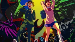 Promotional image for anime series, Dandadan. Features two high school students running towards the camera - seemingly running away from a flying saucer.