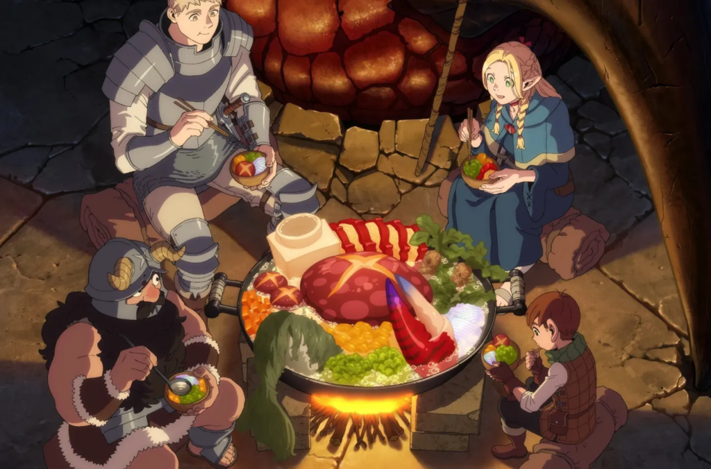 Dungeon Meshi screen featuring 4 adventurers gathered around a pot of food.