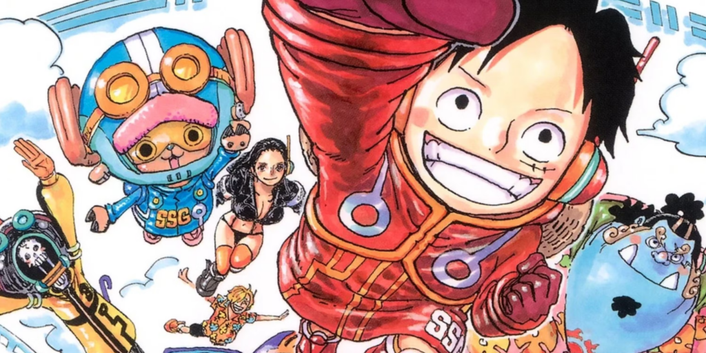 Colored One piece manga panel. Features characters Brook, Chopper, Robin, Sanji, Luffy and Jinbe floating upwards through the clouds in their Egghead outfits.