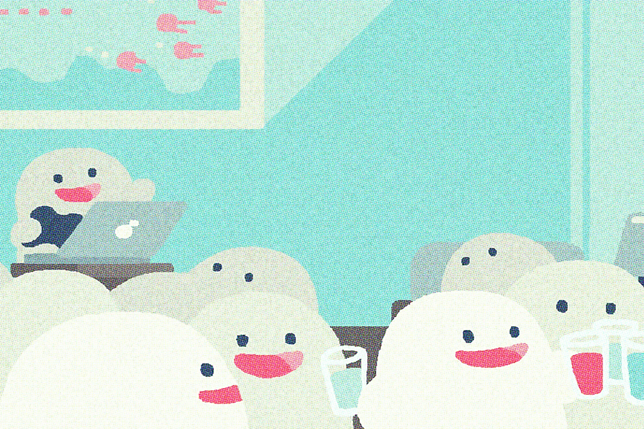 Tokyo Indies promotional image. Spherical illustrated characters gathered in a social setting.