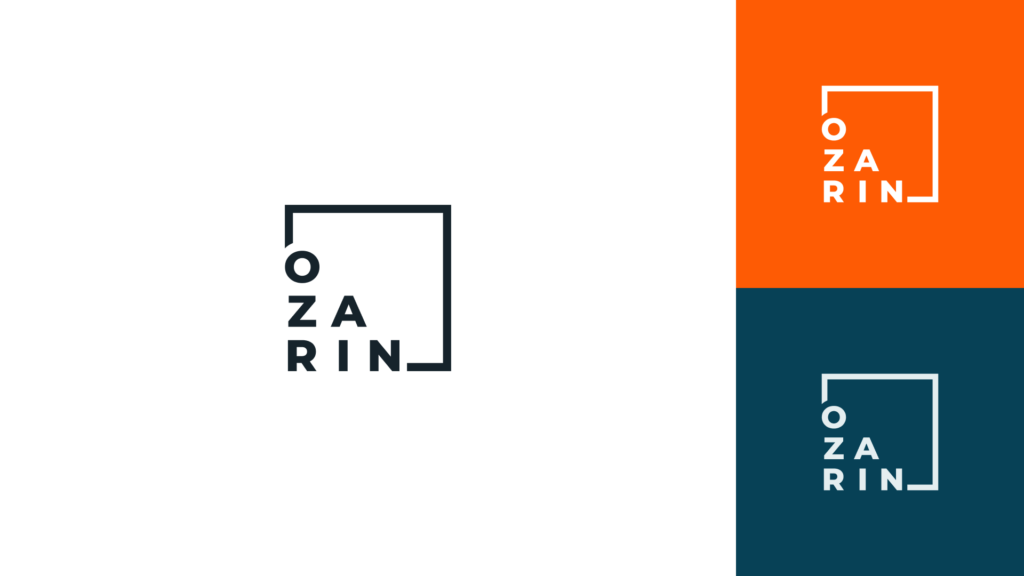 Logo repeated on various backgrounds (black on white, white on orange, white on dark blue). Text reads "OZARIN". 